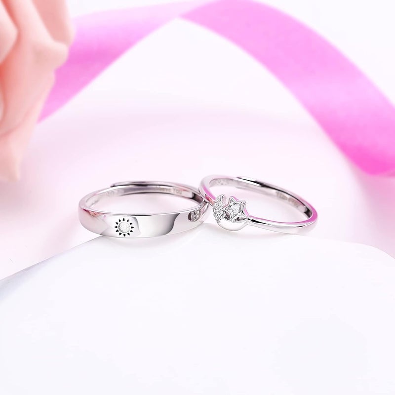 Beydodo خواتم فضة 925 قابلة للتعديل مزينة بالشمس والقمر خواتم متطابقة محفورة أحبك خواتم زفاف للزوجين - Image 3